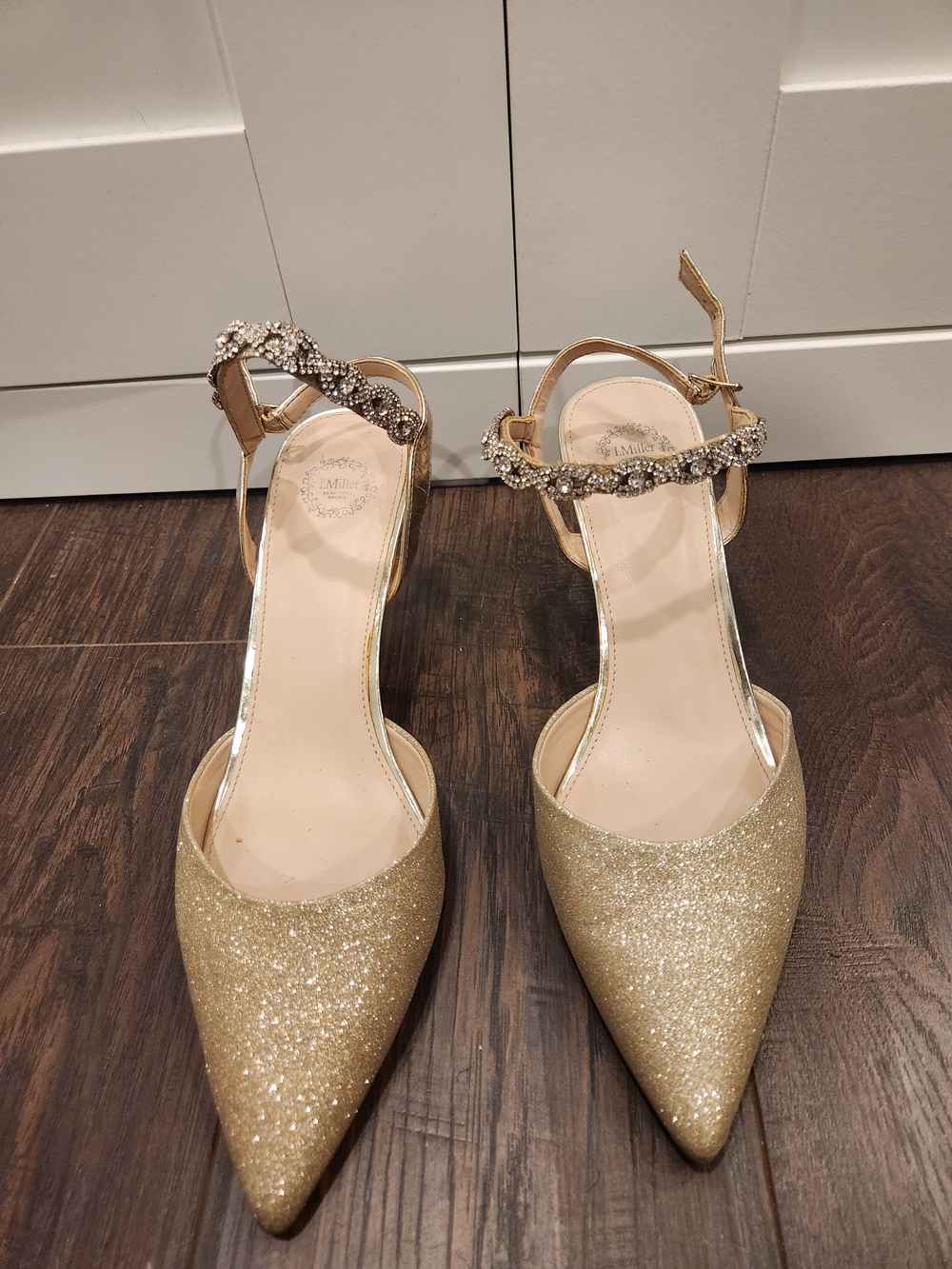 Gold Glitter Pointed Toe Ankle Strap Heels - Women